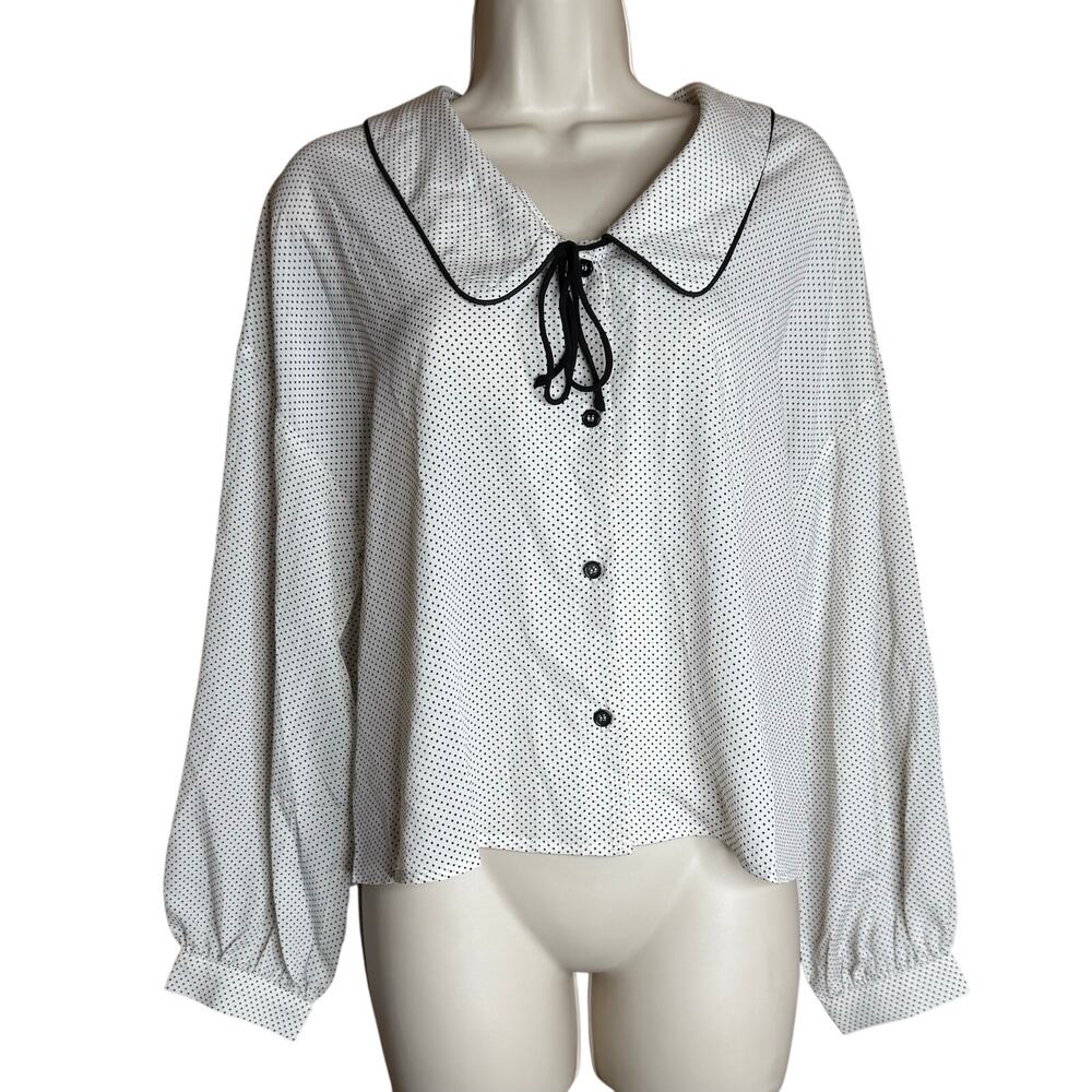 Unique Vintage Lumiere Winter White and Black Polka Dot Blouse S NWOT - Picture 1 of 5